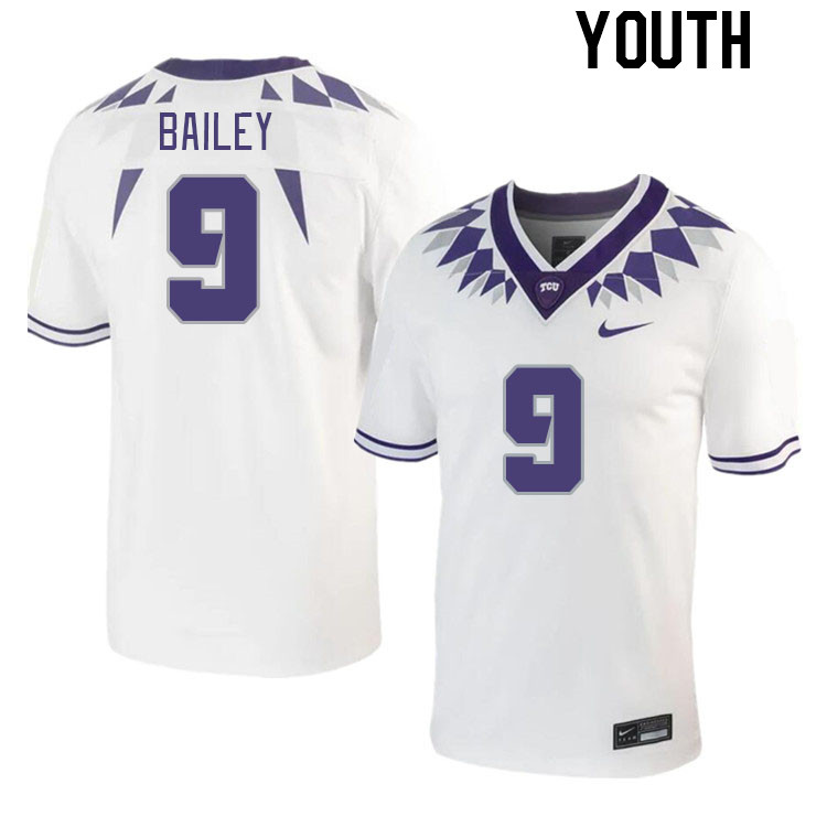 Youth #9 Emani Bailey TCU Horned Frogs 2023 College Footbal Jerseys Stitched-White - Click Image to Close